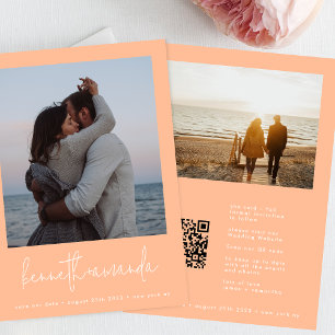 Moderne Peachy Koraal Foto Namen QR Code Bruiloft Save The Date