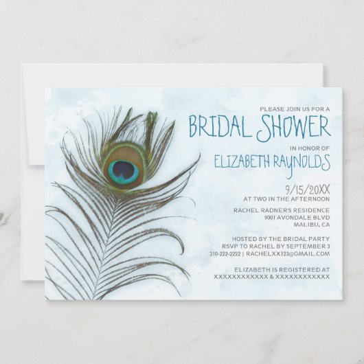 Moderne Peacock Feather Bridal Shower Invitations Kaart (Voorkant)