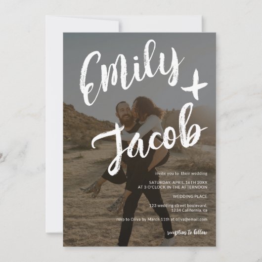 Moderne penseelnamen 2 foto's qr code bruiloft kaart (Voorkant)