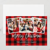 Moderne penseelscript 3 foto-kerstrood geplakt feestdagenkaart (Voorkant / Achterkant)