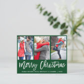 Moderne penseelscript 3 Fotopaar kerstgroen Briefkaart (Staand voorkant)