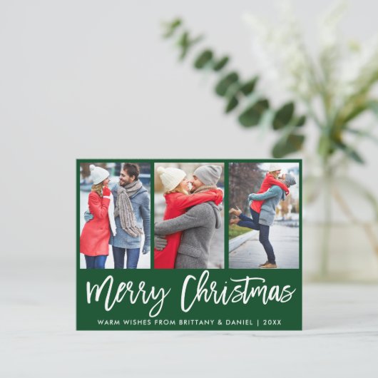 Moderne penseelscript 3 Fotopaar kerstgroen Briefkaart (Staand voorkant)