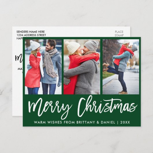 Moderne penseelscript 3 Fotopaar kerstgroen Briefkaart (Voorkant / Achterkant)