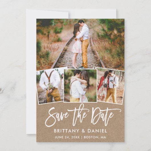 Moderne penseelscript 4 Fotocollage Kraft Save The Date (Voorkant)