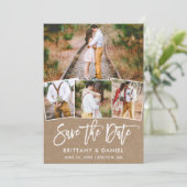 Moderne penseelscript 4 Fotocollage Kraft Save The Date (Staand voorkant)