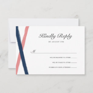 Moderne penseelstreken bruiloft RSVP Navy Coral Kaartje