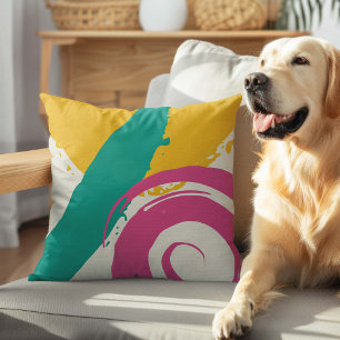 Moderne penseelstreken - Roze, Teal & Geel op Crèm Kussen