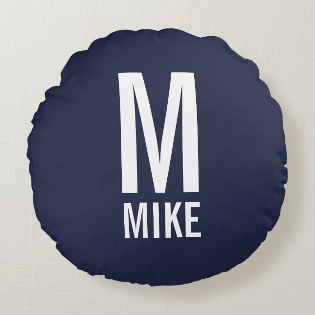 Moderne persoonlijke monogram en naam rond kussen (Voorkant)