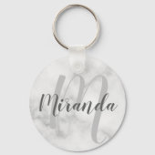Moderne persoonlijke monogram en naam witte marmer sleutelhanger (Voorkant)