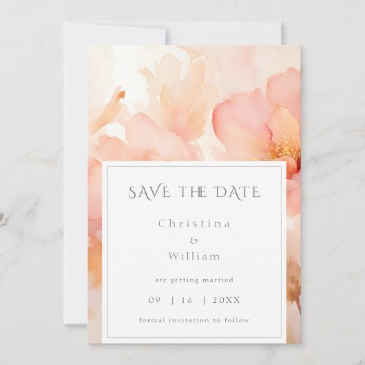 Moderne Perzik Bloem Bruiloft Save the Date Kaart (Voorkant)