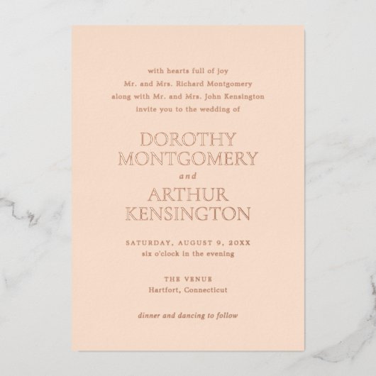 Moderne perzik elegante bruiloft folie uitnodiging (Voorkant)