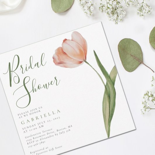 Moderne Perzik Waterverf Tulp Groene Bruidsontvang Kaart