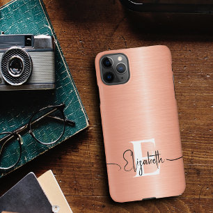 Moderne perzikdons geborsteld metalen monogram sch iPhone 16 hoesje