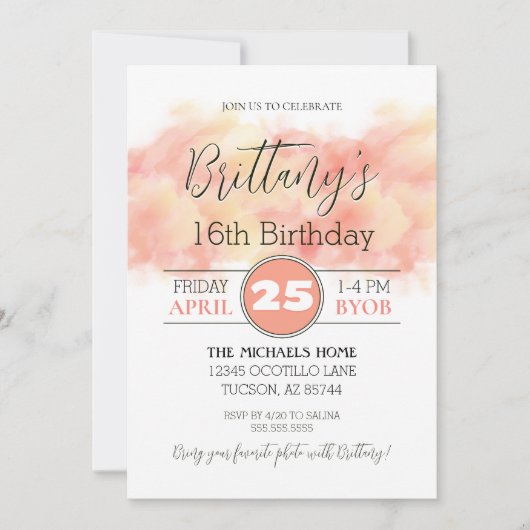 Moderne perzikkoraal 16e elke verjaardag uitnodigi kaart (Voorkant)