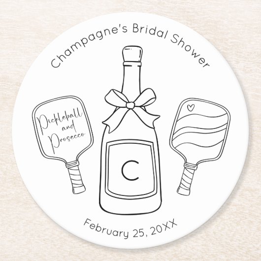 Moderne Pickleball en Prosecco Bruidsdiner Ronde Kartonnen Onderzetter (Voorkant)