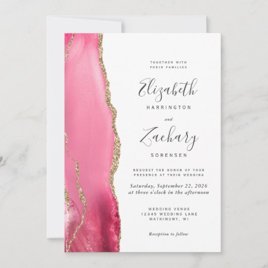 Moderne Pink Gold Agate QR Code Faire-part de mari (Devant)