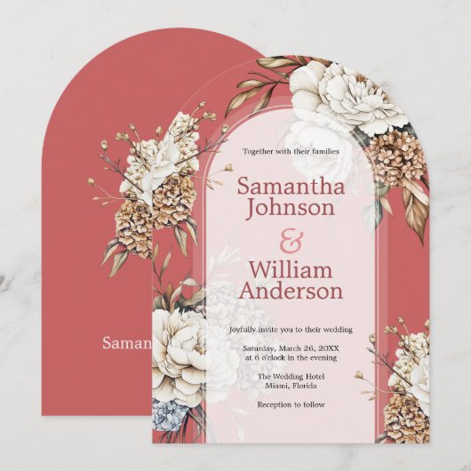 Moderne pioen en hortensia koraal roze bruiloft kaart (Voorkant / Achterkant)