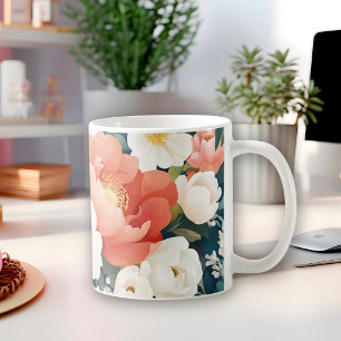 Moderne pioenen Bloemen Warm sinaasappel en witte  Koffiemok