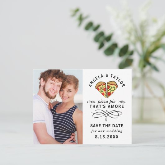 Moderne Pizza Love Black Script Foto Bewaar de dat Briefkaart (Staand voorkant)