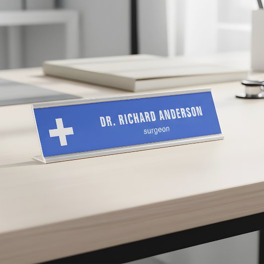 Moderne plaque de bureau en bleu royal pour médeci