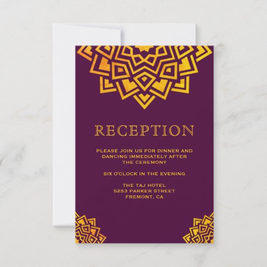 Moderne Plum Gold Mandala Indische Ontvangst Kaart (Voorkant)