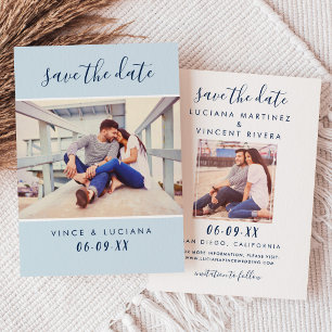 Moderne poederblauwe script foto bruiloft save the date