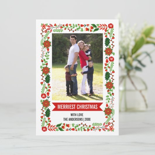 Moderne poinsettia-kerstfoto aan de grens feestdagenkaart (Staand voorkant)
