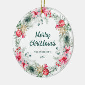 Moderne Poinsettia Rode Groene Krans Kerstgedicht Keramisch Ornament (Links)