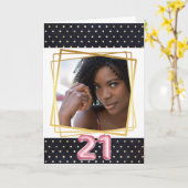 Moderne polka dot marineblauw goud lijst roze 21e kaart (Gele Bloem)