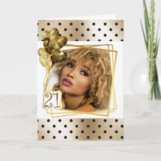Moderne polka dot zwart goud 21e ballonnen kaart (Voorkant)