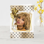 Moderne polka dot zwart goud 21e ballonnen kaart (Gele Bloem)