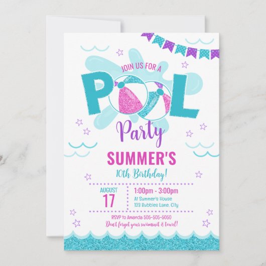 Moderne Pool Party Uitnodiging, Summer Girl Verjaa Kaart (Voorkant)