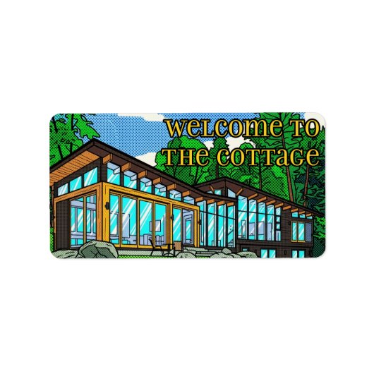 Moderne Pop Art Boshuisje Mid-Century Comic Etiket (Voorkant)