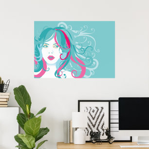 Moderne Pop Art Vrouw Blauwgroen en Roze Swirl Hai Poster