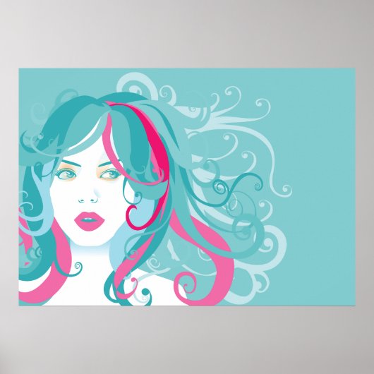 Moderne Pop Art Vrouw Blauwgroen en Roze Swirl Hai Poster (Voorkant)