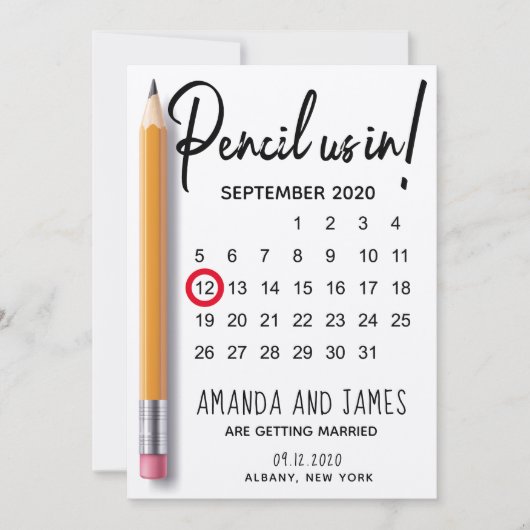 Moderne potlood in kalender-karton save the date (Voorkant)