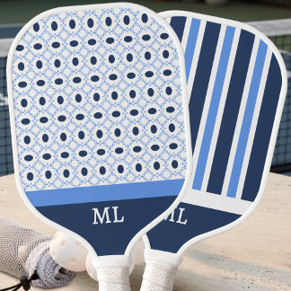 Moderne Preppy Blauwe Marine Geometrische Patroon  Pickleball Paddle