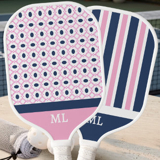 Moderne Preppy Navy Roze Geometrisch Patroon Initi Pickleball Paddle