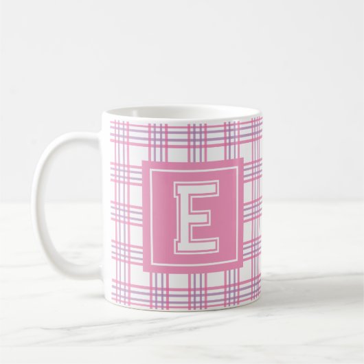 Moderne Preppy Plaid Roze Paars Varsity Monogram Koffiemok (Links)
