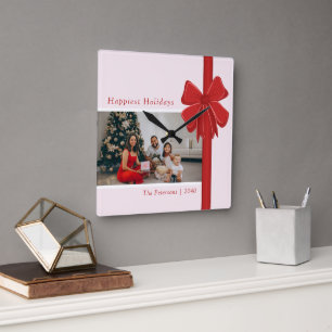 Moderne Preppy Rode Lint Boog Wrap Foto Kerstmis Vierkante Klok