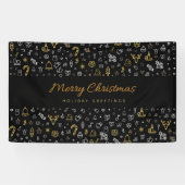 Moderne prettige kerstzwarte en gouden pictogramme spandoek (Horizontaal)