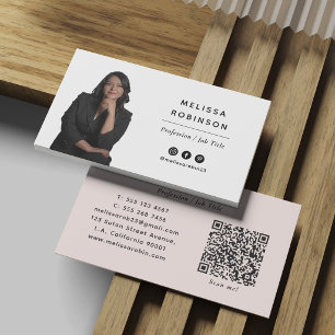 Moderne Professionele Foto en QR Code Blush Roze Visitekaartje