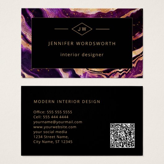 Moderne professionele Paarse zwarte Abstracte QR-c Visitekaartje (Voorkant /achterkant)