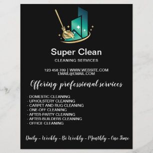 Moderne professionele poetsvrouw reinigt commercie flyer