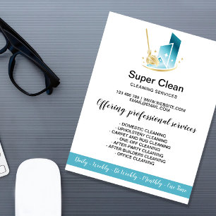 Moderne professionele poetsvrouw reinigt commercie flyer