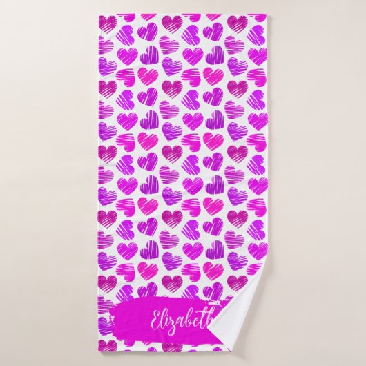 Moderne Purple Rose Doodled Hearts Valentine Nom (Serviette de bain)