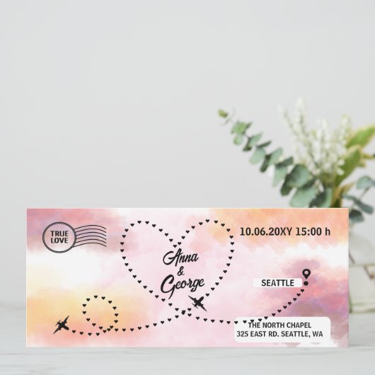Moderne QR Code Air Ticket Boarding Pass Bruiloft Kaart (Staand voorkant)