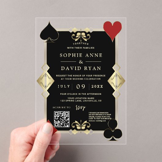 Moderne QR Code Art Deco Casino Nacht Trouwen Acryl Uitnodigingen (Insitu (Draagbaar))