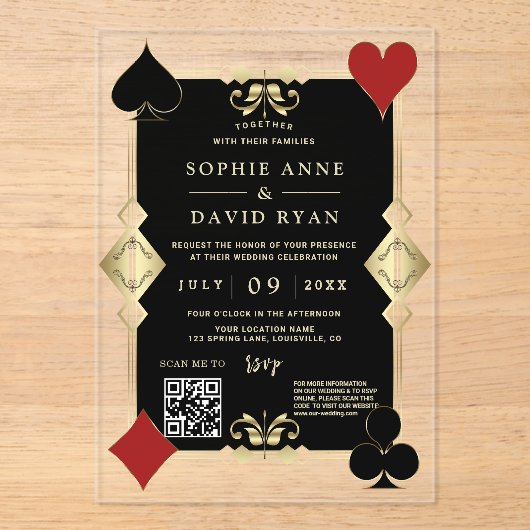 Moderne QR Code Art Deco Casino Nacht Trouwen Acryl Uitnodigingen (Voorkant)