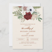 Moderne QR Code Beige en Rode Bloemen Budget Bruil Kaart (Voorkant)